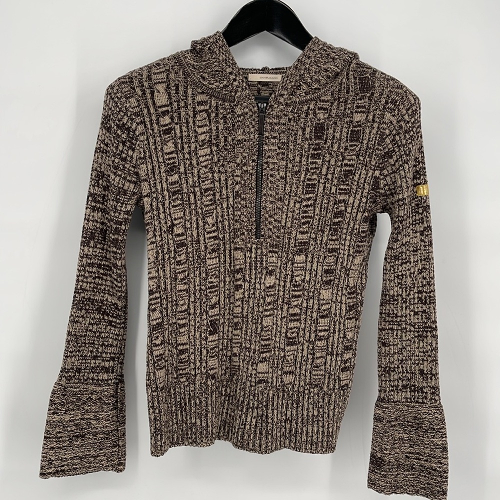DKNY Cable-knit Sweater Brown &‎ Cream Bell Sleeve Bottom Quarter Zip Hoodie L